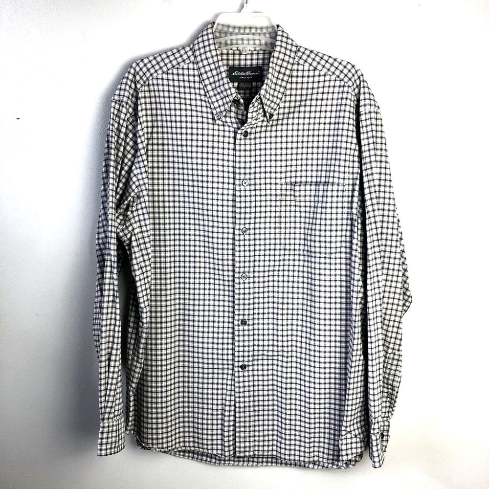 Eddie Bauer Button Down Shirt Mens L Tan Blue Checkered Plaid 100% Cotton Casual